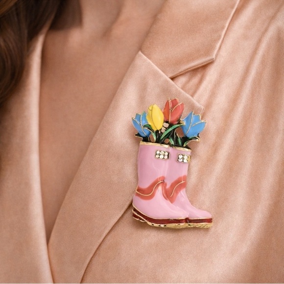 Anthropologie Pink Enamel Cowboy Boot Brooch with Multicolor Tulips main image 5